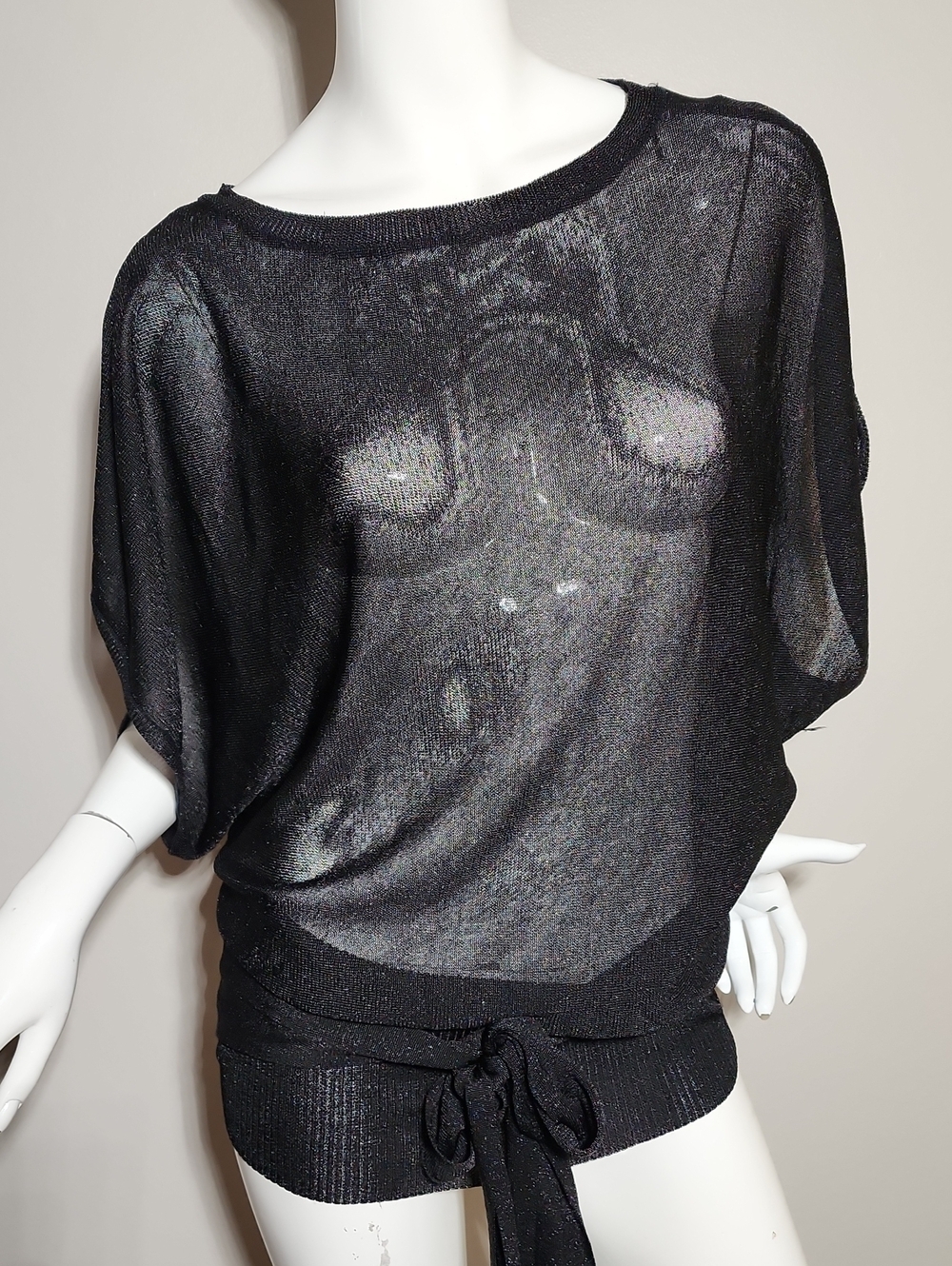 Daisy Fuentes Black Sheer Knit Dolman Tie-Hem Top